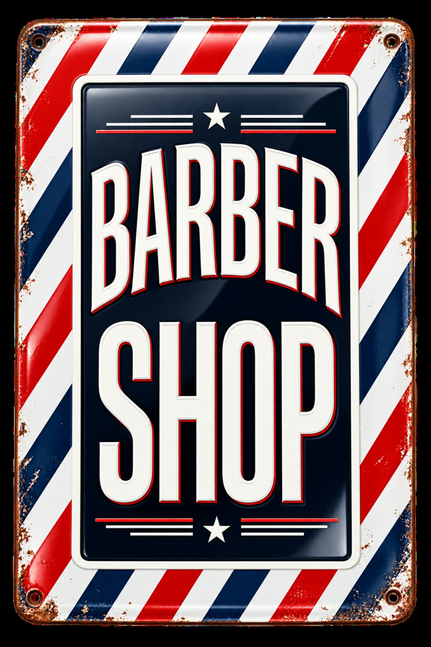 Barber Shop Retro Metal Wall Sign with Red White and Blue Stripes